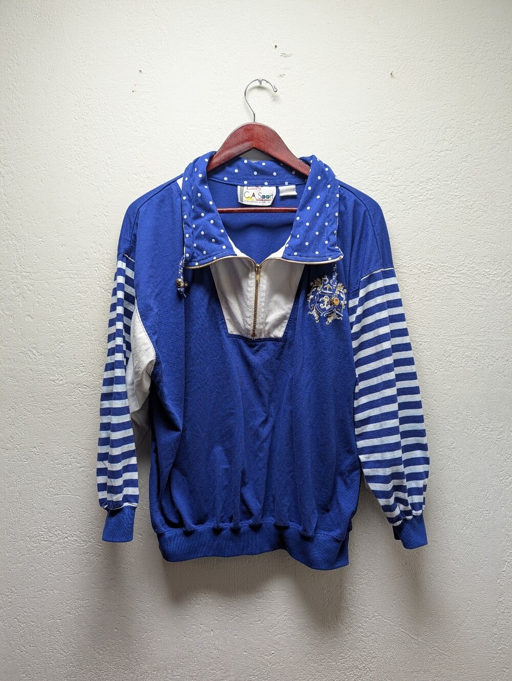 Vintage CA Sport Colorblock Sweatshirt 1/4 Zip Nautical Stripe Polka Dot Retro